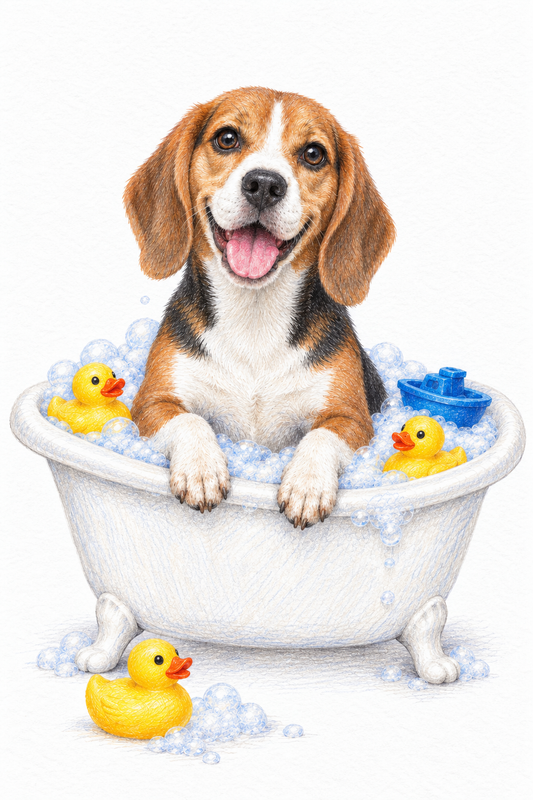 Painted Paws personalised bathroom-and-spa-themed pet portrait — Bath Toy Chaos