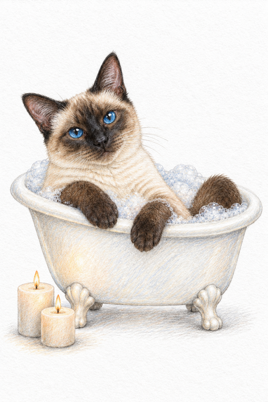 Painted Paws personalised bathroom-and-spa-themed pet portrait — Candlelit Soak