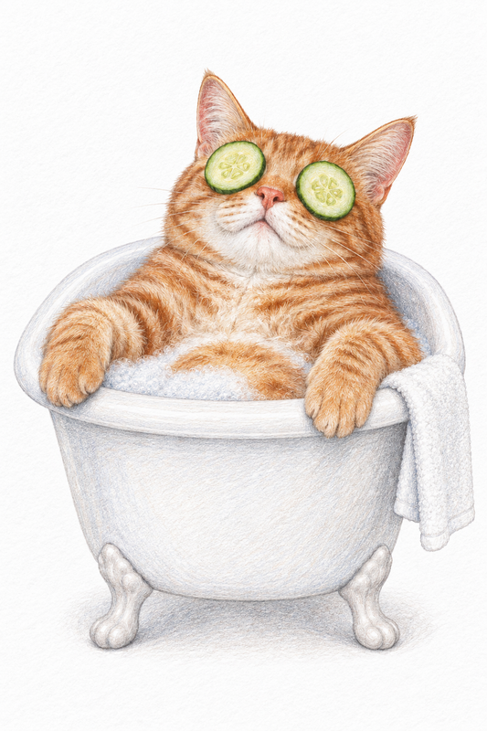 Painted Paws personalised bathroom-and-spa-themed pet portrait — Cucumber Eyes