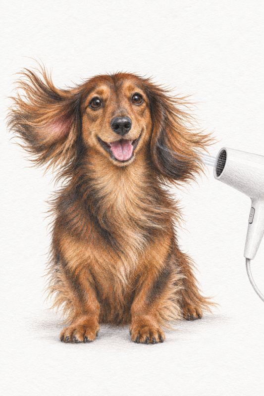 Painted Paws personalised bathroom-and-spa-themed pet portrait — Hairdryer Glam