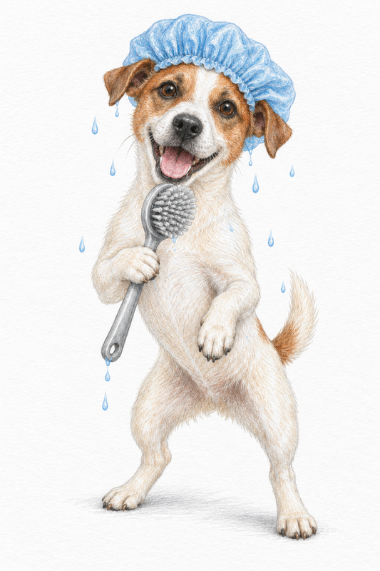 Painted Paws personalised bathroom-and-spa-themed pet portrait — Shower Singer