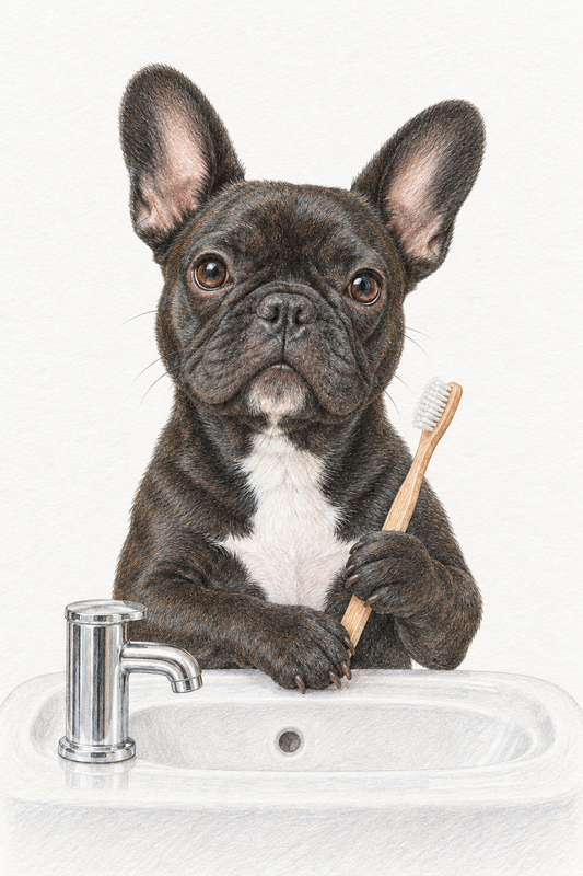 Painted Paws personalised bathroom-and-spa-themed pet portrait — Toothbrush Time